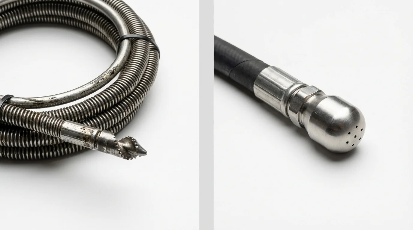 Drain snake cable and hydro jetting nozzle used for drain cleaning in Lexington, MI