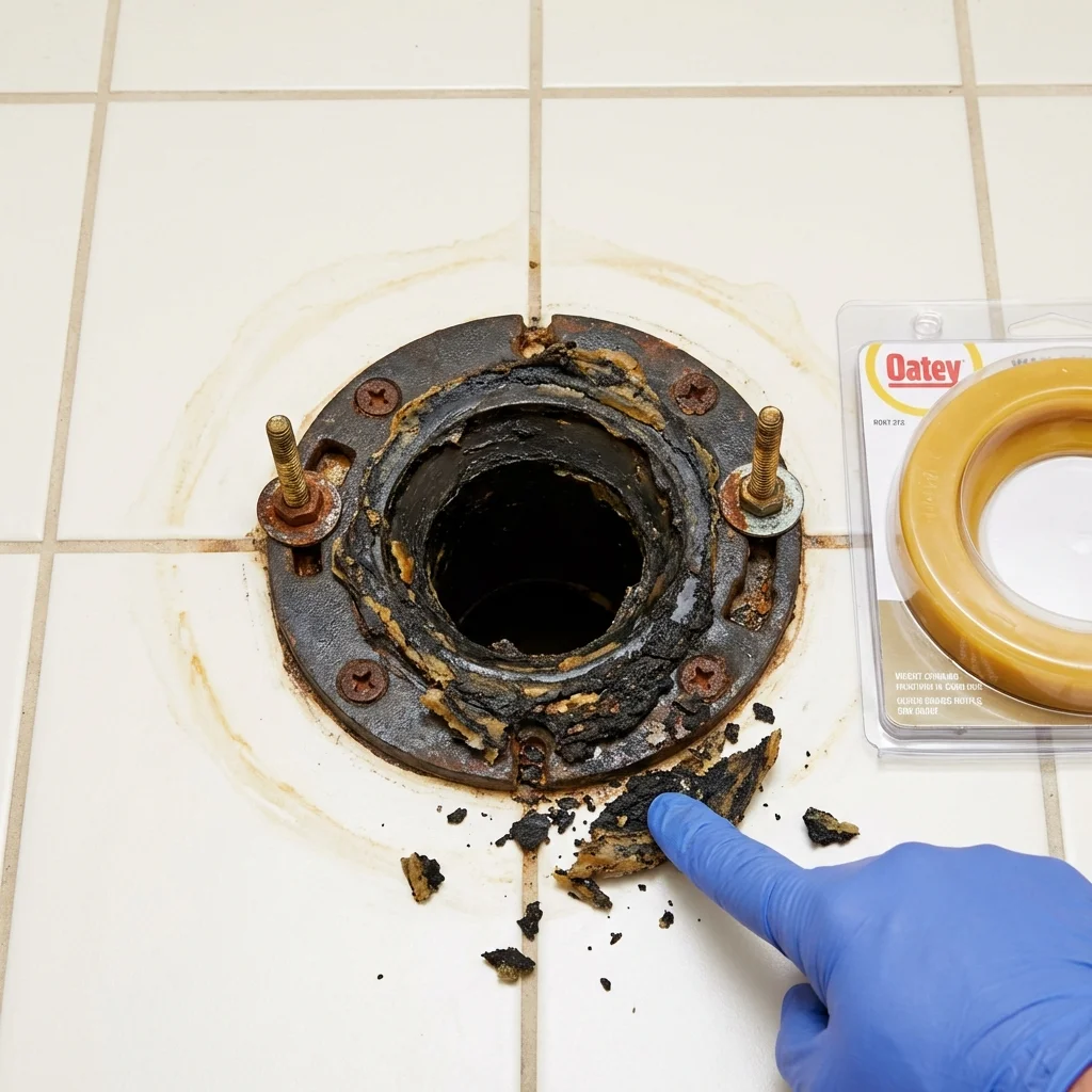 Failed wax ring showing water seepage at the base of a toilet in a Lexington, MI home