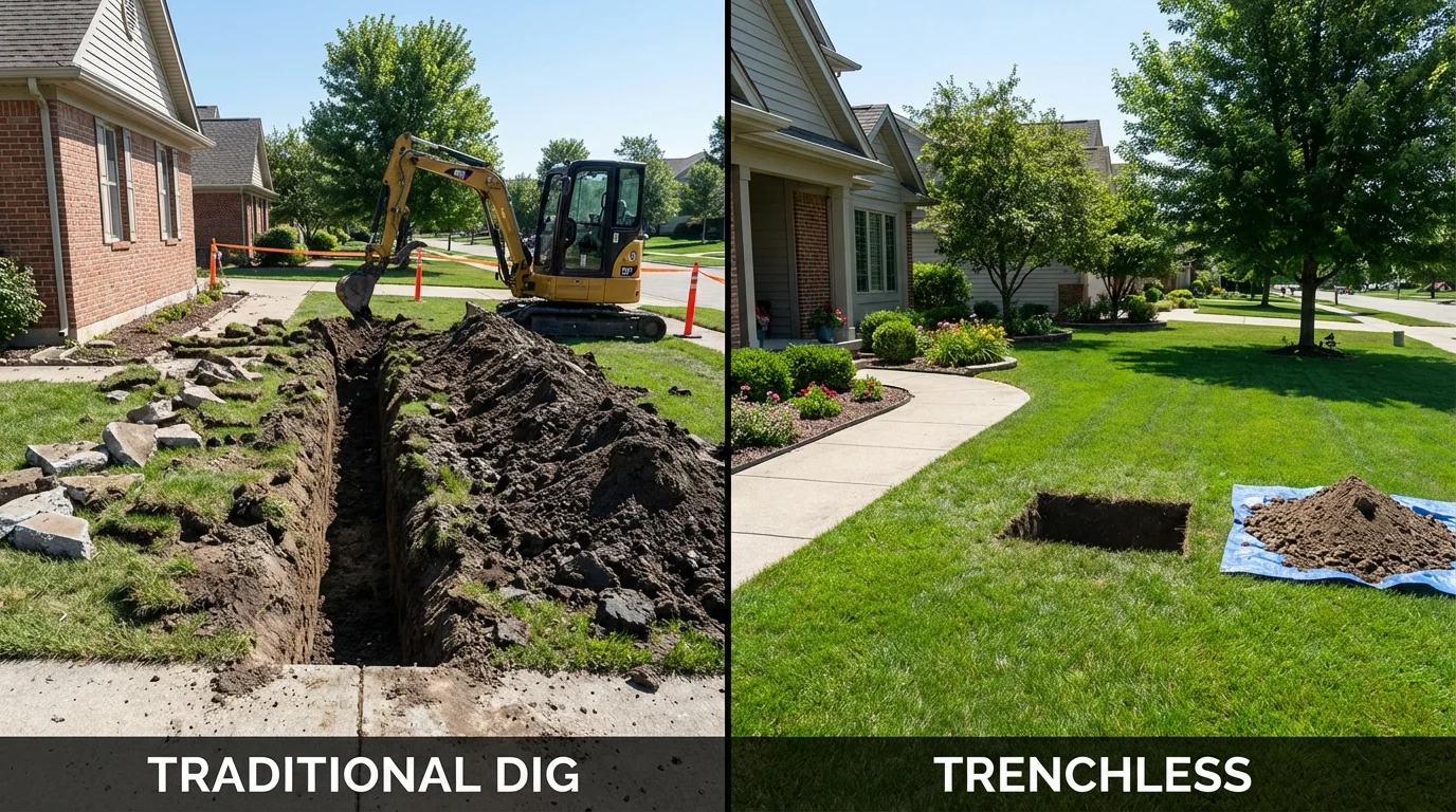Trenchless sewer repair with minimal yard damage versus traditional excavation in Lexington, MI