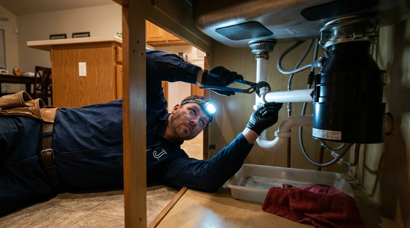 P-trap and supply line connections under a kitchen sink showing a common leak point in Lexington, MI